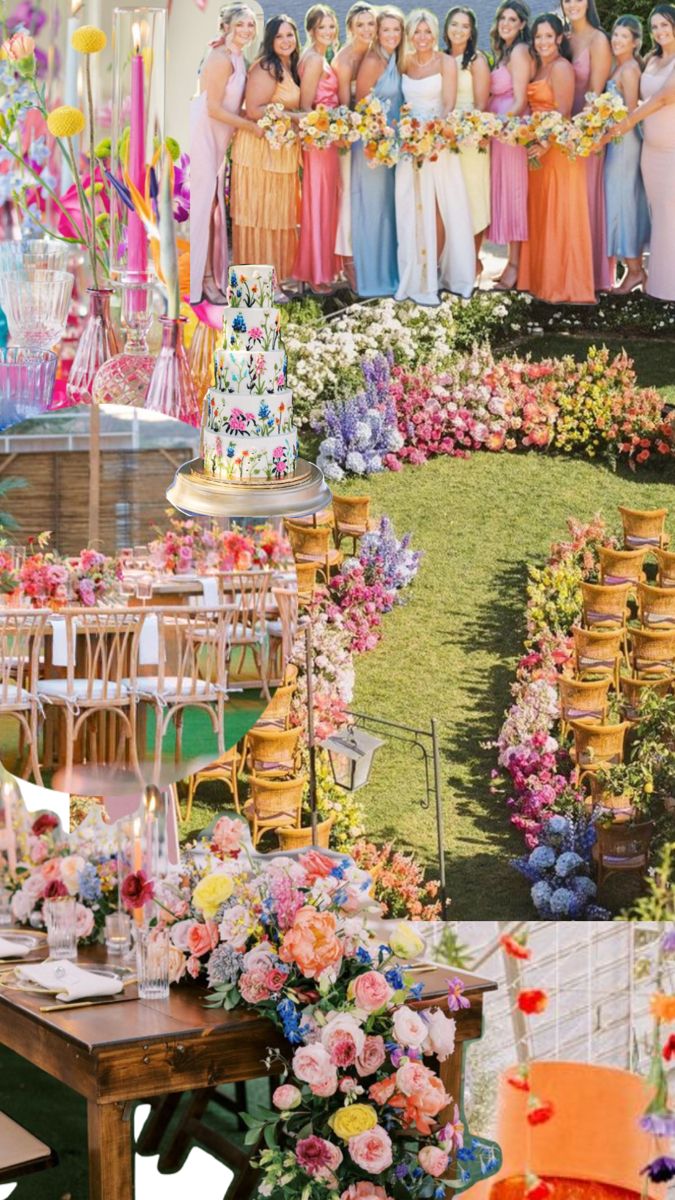 a collage of photos with flowers and cakes on display in front of the wedding party