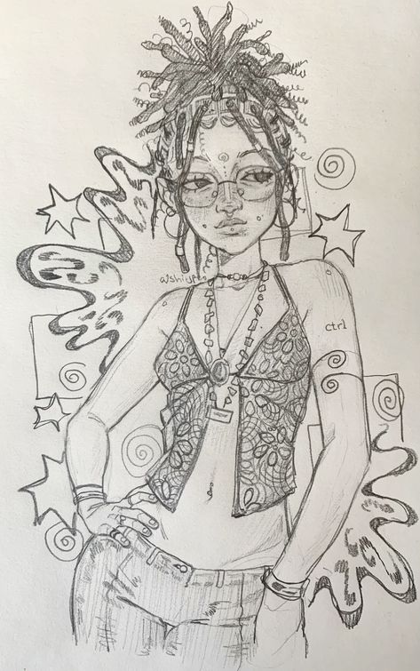 a drawing of a woman wearing glasses and a bra with stars around her neck, standing in front of a white background