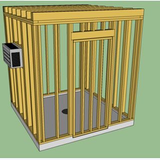 a drawing of a dog kennel with the door open and an air conditioner on top