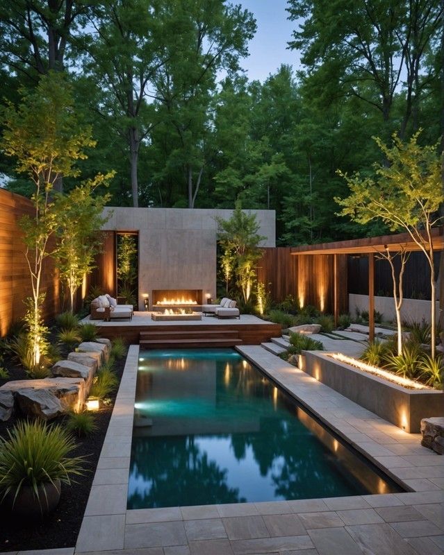 an outdoor swimming pool surrounded by trees and plants at night with lights on the walls