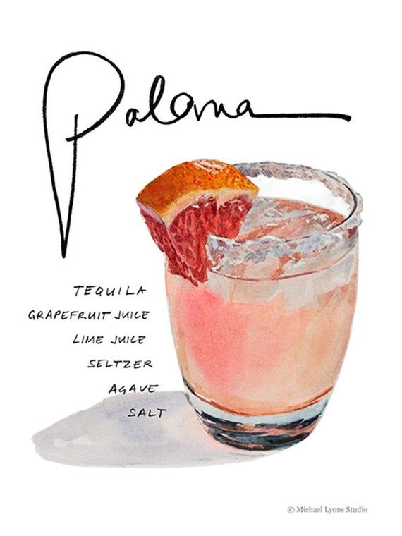 a watercolor drawing of a pink drink with an orange slice on the rim and text that reads palo