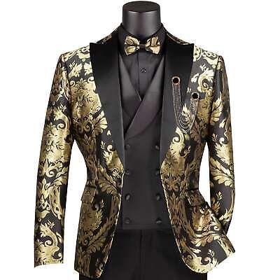 Trendy Fashion VINCI Men's Black & Gold Modern Fit 3pc Tuxedo Suit w/ Matching Bow-Tie NEW, Mens Clothing Mens Ballroom Suit, Black And Gold Suits For Men, Black And Gold Suit Men Prom, Black And Gold Suit Men, Gold Suit Men, Black White Gold Wedding Theme, Black And Gold Wedding Theme, Gold Tux, Black And Gold Suit