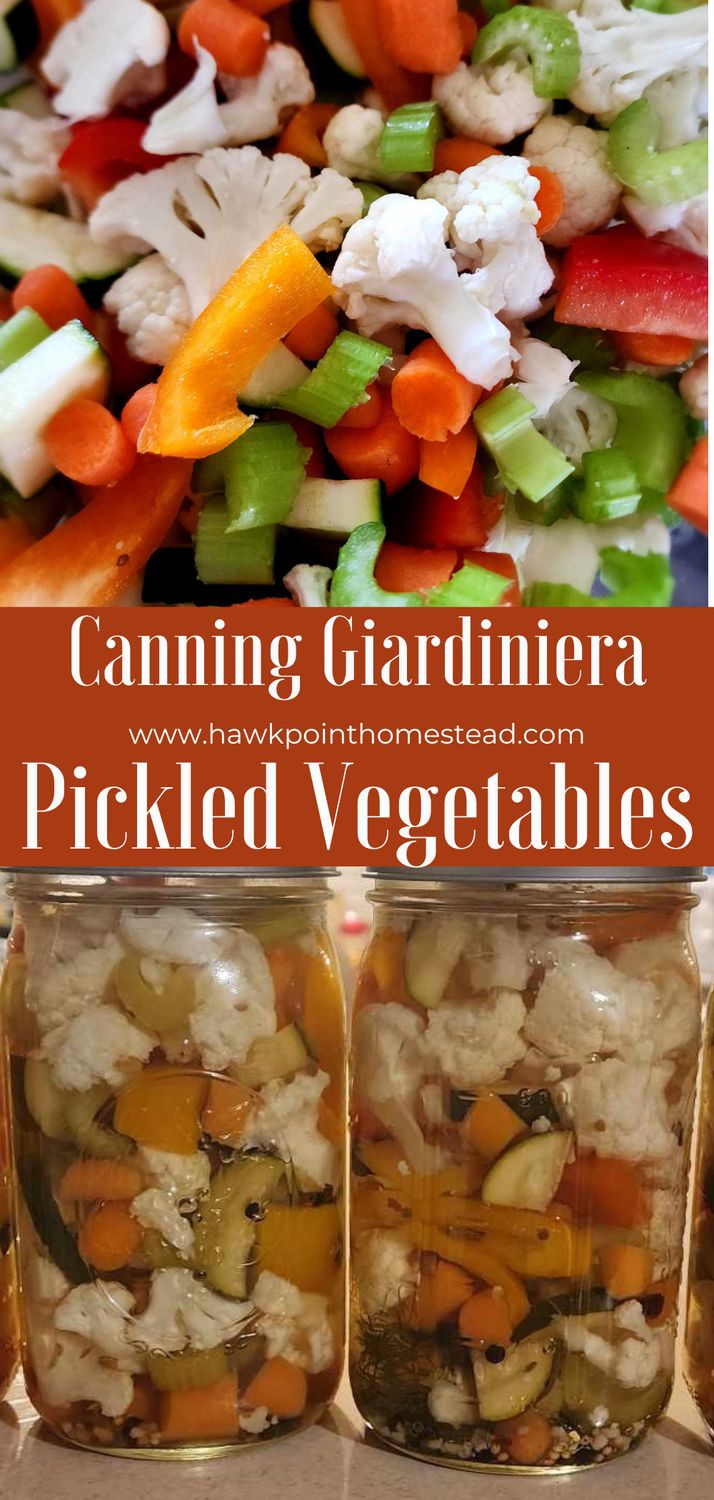 three jars filled with vegetables and the words canning garden pickled veggies in them