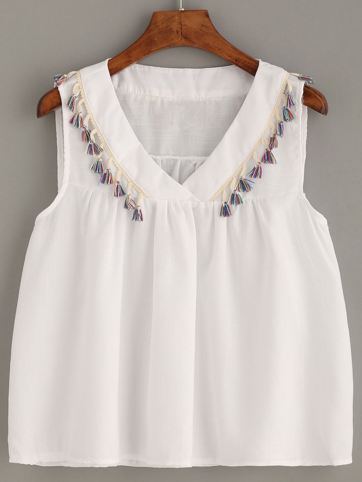 Shop White Tassel Trim Shawl Collar Top online. SheIn offers White Tassel Trim Shawl Collar Top & more to fit your fashionable needs. Cotton Short Tops, Cotton Tops Designs, Girls Dresses Sewing, Kids Dress Wear, Baby Dress Design, Kurta Neck Design, Linen Fashion, Fashion Tops Blouse