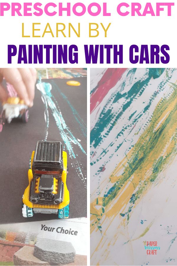 a collage of photos with the words preschool craft learn by painting with cars