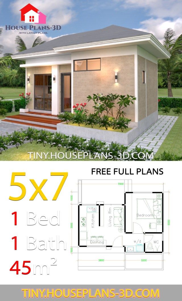 the tiny house plan is available for free and has 3 beds, 2 bathrooms, and an open floor plan