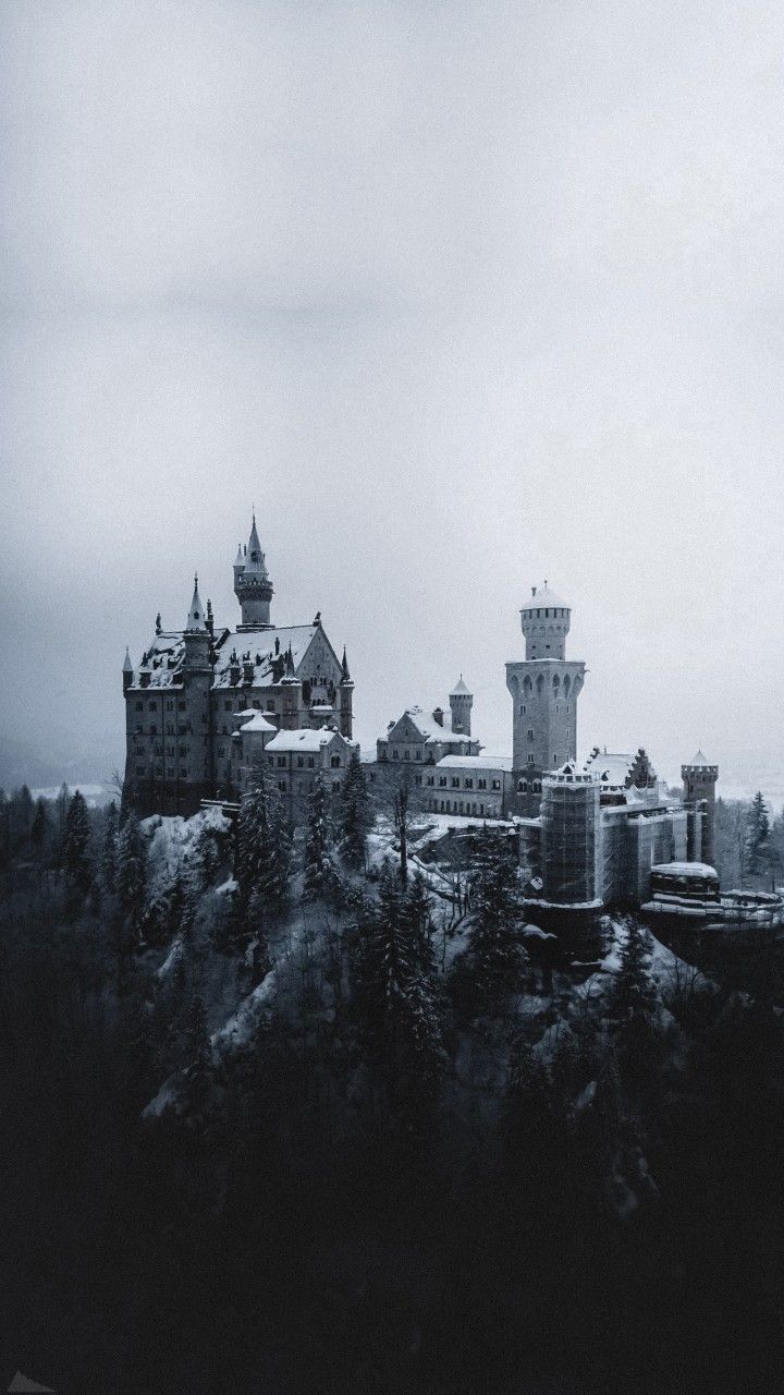 a black and white photo of a castle in the snow