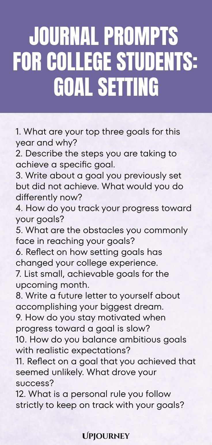 the college student's goal setting is shown in purple and white, with text that reads