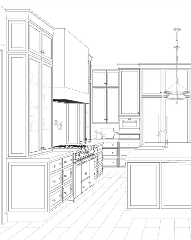 a line drawing of a kitchen with cabinets