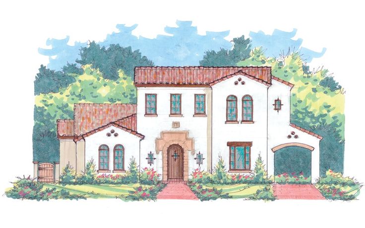 this is an artist's rendering of the front elevation of these mediterranean style home plans