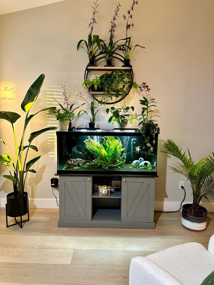 a fish tank with plants in it sitting on top of a table next to a couch