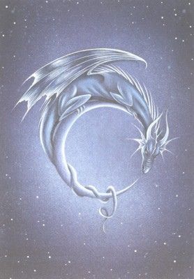 a drawing of a dragon sitting on top of a crescent in the sky with stars