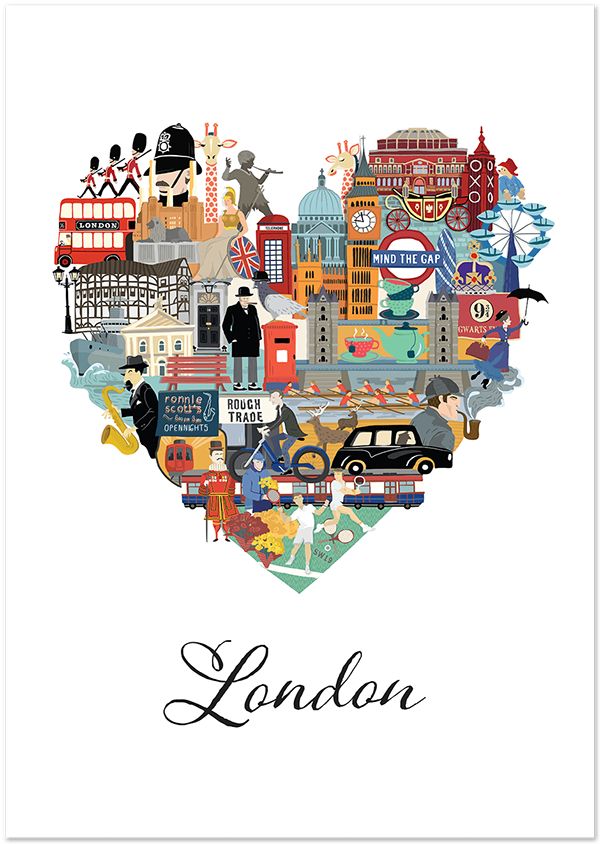 a heart shape with the words london written in black and white, surrounded by many different types