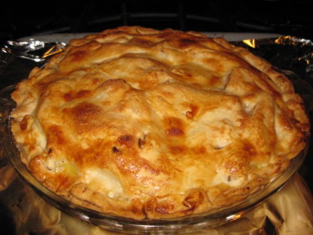 a pie sitting on top of a glass dish