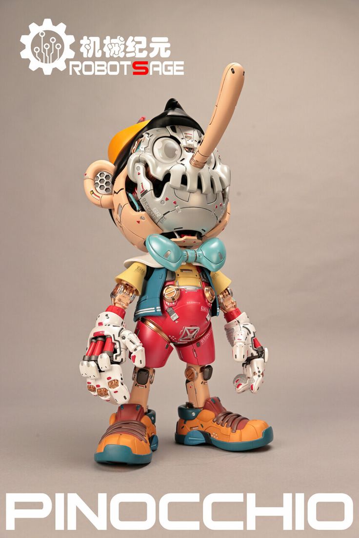 an action figure is posed in front of a gray background with the words pinocchio on it