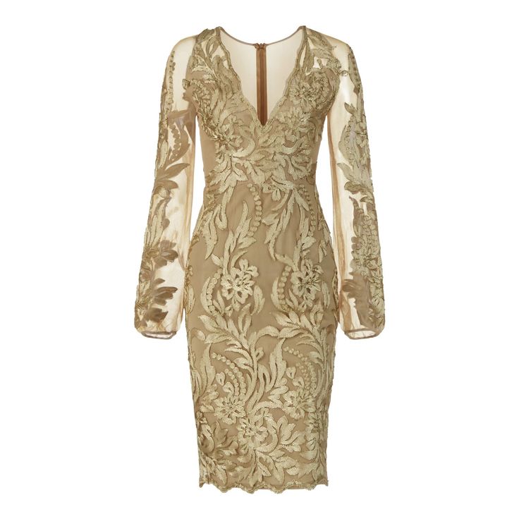 Gold lace embellished knee-length dress with long sleeves  The Elias dress is a stunning gold floral lace embellished dress. It is designed as a slim fit dress and features a deep v-neckline, long sheer sleeves, and an above-the-knee sophisticated look. Outer 100% Polyester/ Lining 100% Polyester Crepe de Chine/ Delicate dry clean only/ Do not machine wash or tumble dry/ For a post-travel refresh, we advise using a cool iron or a gentle steam on the reverse side of any embellishment Gold Knee-length Midi Dress For Formal Occasions, Luxury Gold Knee-length Dress, Gold Knee-length Mini Dress For Evening, Luxury Lace Trim Knee-length Midi Dress, Gold Embroidered V-neck Dress, Gold Lace Dresses, Gold Lace, Slim Fit Dresses, Sheer Sleeves