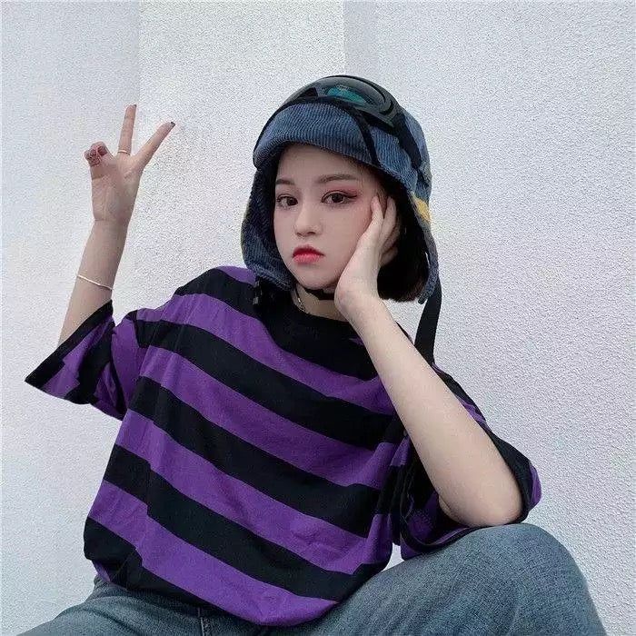 Striped T-Shirt – COLDLINE CLOTHING Purple Cotton Y2k T-shirt, Purple Harajuku Crew Neck Top, Y2k Striped Cotton Tops, Purple Short Sleeve Y2k Style Tops, Y2k Purple Short Sleeve Tops, Purple Short Sleeve Y2k Top, Purple Y2k Short Sleeve Tops, Oversized Harajuku Style Short Sleeve Tops, Purple Harajuku Tops For Streetwear