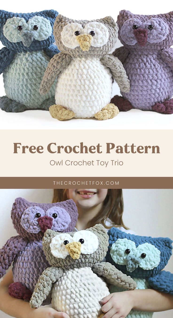 crochet owl toy pattern with text overlay that says free crochet pattern