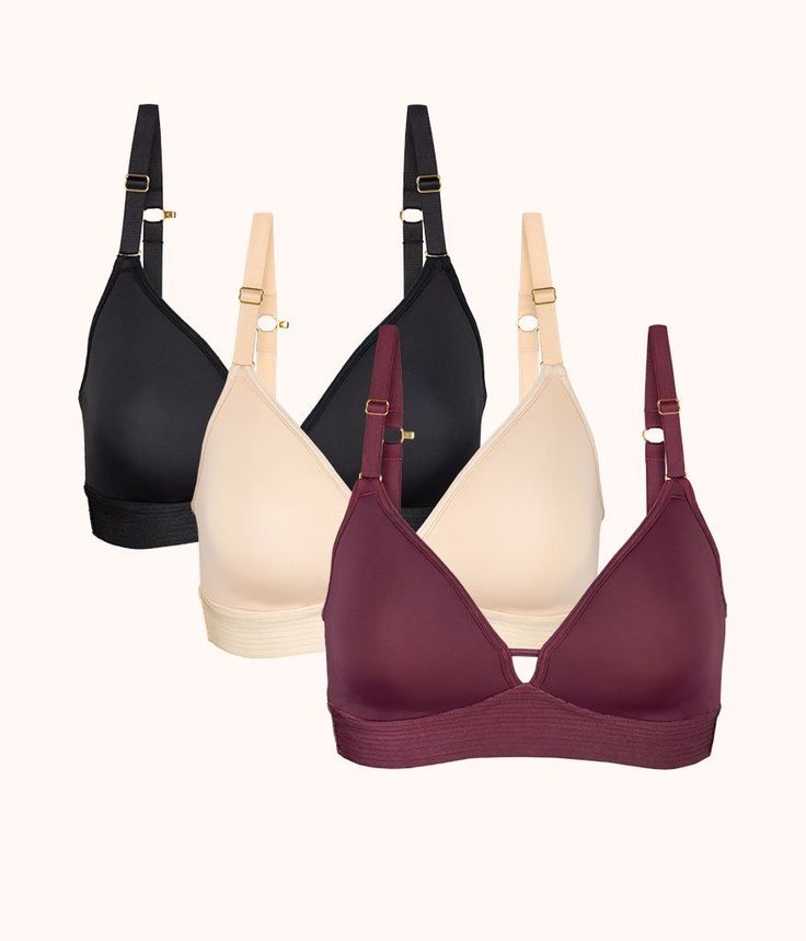 The Spacer Bra Trio: Toasted Almond/Jet Black/Plum | LIVELY Third Love Bras, Air Bra, Wireless Bras, Black Plum, Comfortable Bras, Toasted Almonds, Racerback Bra, Everyday Bra, Wireless Bra