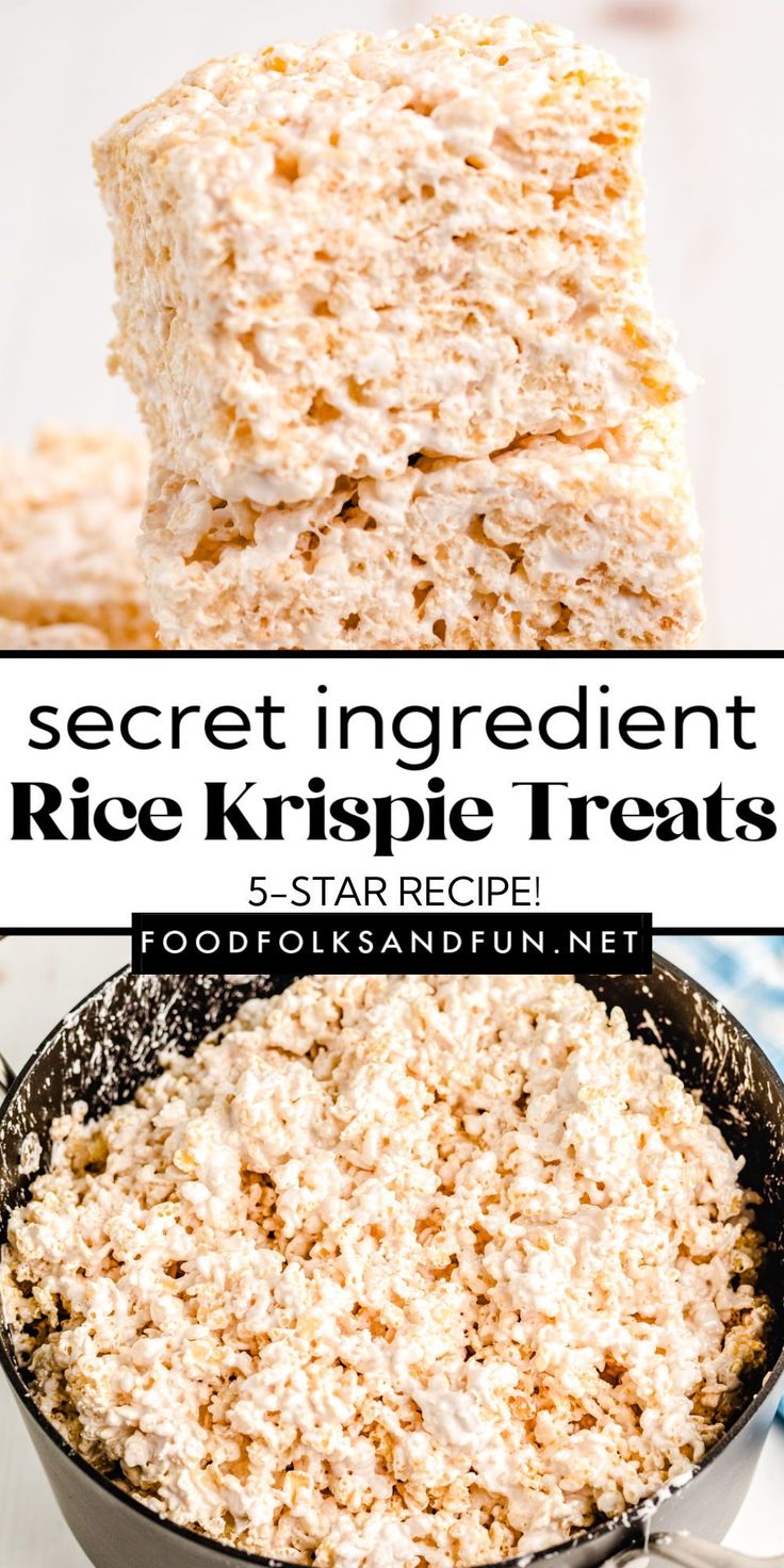 rice krispie treats in a skillet with the words secret ingredient rice krispie treats