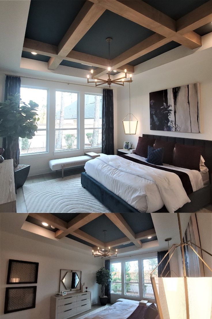 this bedroom has been decorated in white and blue tones with wood beams on the ceiling