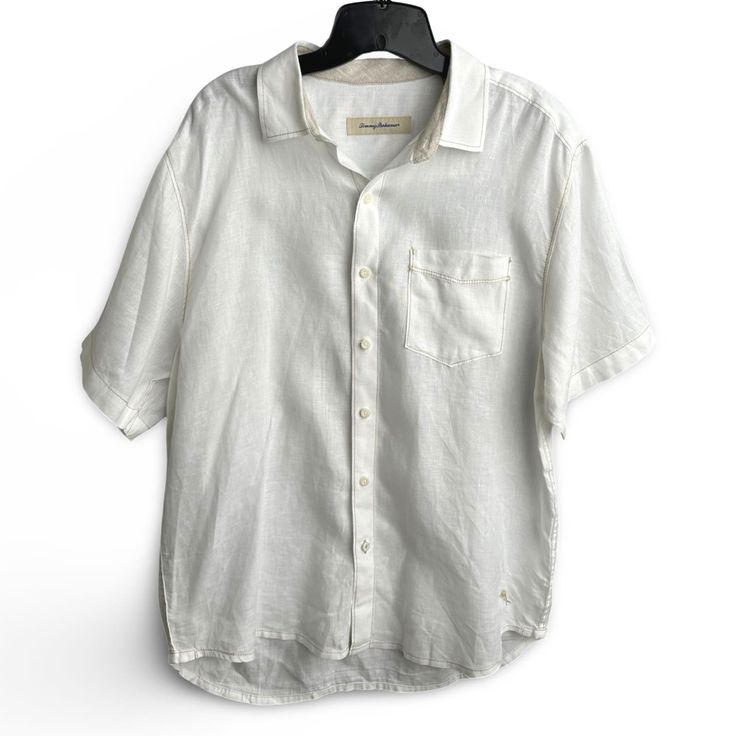 Get Casual With The Tommy Bahama 100% Linen Shirt. This Shirt, Which Is New Without Tags, Combines Classic Design With Modern Comfort. Wear It As A Beach Shirt, (Or Beach Wedding Shirt!) Boat Shirt, Fishing Shirt, White Party Shirt, Or Even A Dinner Shirt. Nwot: Brand New! (Without Tags) Product Features: - Size: Men's Medium (M - Color: White With Embroidered Edge Hemming - Made Of 100% Linen For A Lightweight And Breathable Feel. - Traditional Camp Collar For A Relaxed Look. - Square Chest Poc White Collared Beach Shirt, White Collared Shirt For Beach, Casual White Shirt With Pockets, White Camp Shirt With Pockets And Camp Collar, White Unstructured Casual Camp Shirt, Classic Beach Shirt With Pockets, White Linen Camp Shirt With Pockets, White Short Sleeve Shirt With Camp Collar And Pockets, White Short Sleeve Shirt With Pockets And Camp Collar