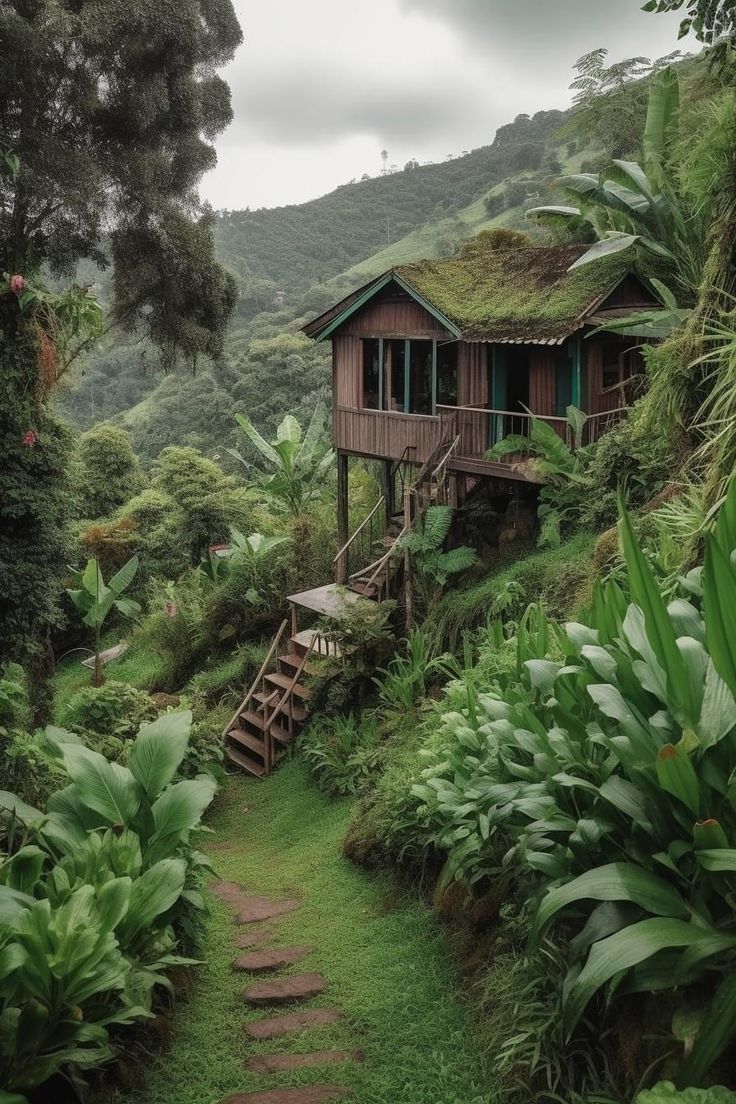 a house on the side of a hill with stairs leading up to it and lush vegetation surrounding