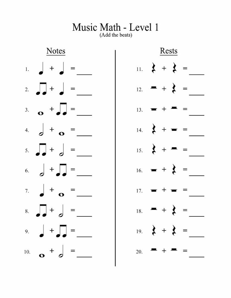 music math level 1 worksheet with notes and symbols for students to practice their skills