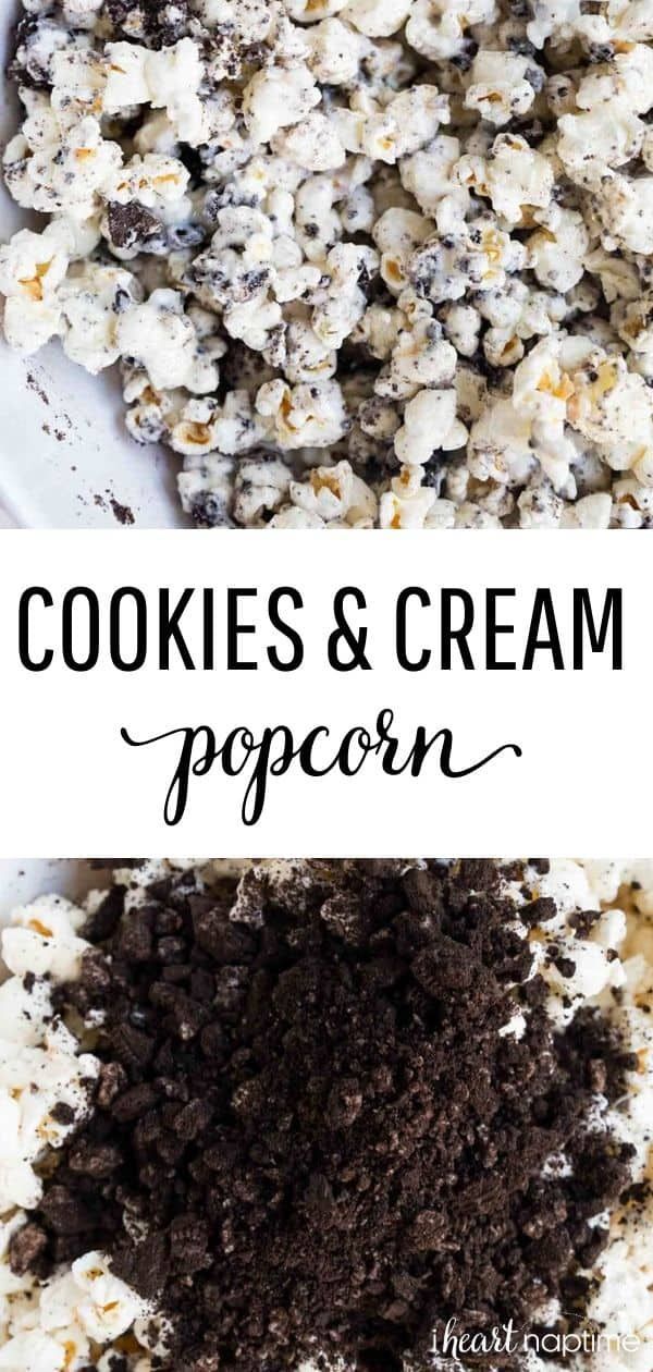 cookies and cream popcorn in a white bowl with chocolate chips on the side text reads cookies and cream popcorn