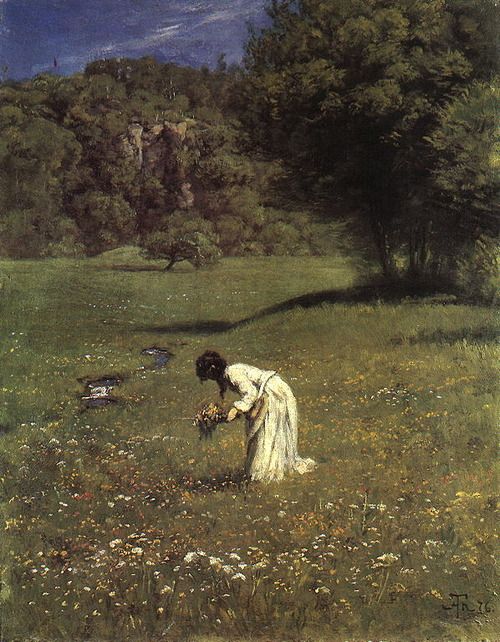 a painting of a woman picking flowers in a field