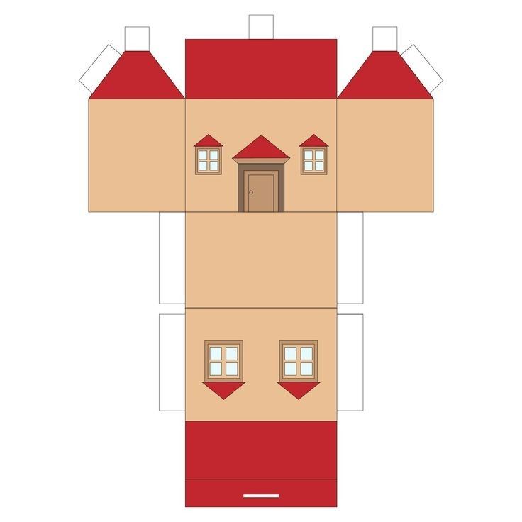 an open cardboard box with a red roof and two windows on the top, in front of a white background