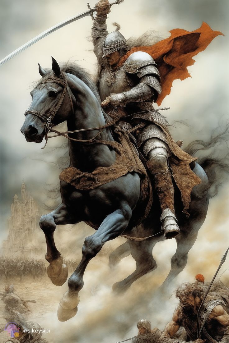 a man riding on the back of a white horse next to a person in armor