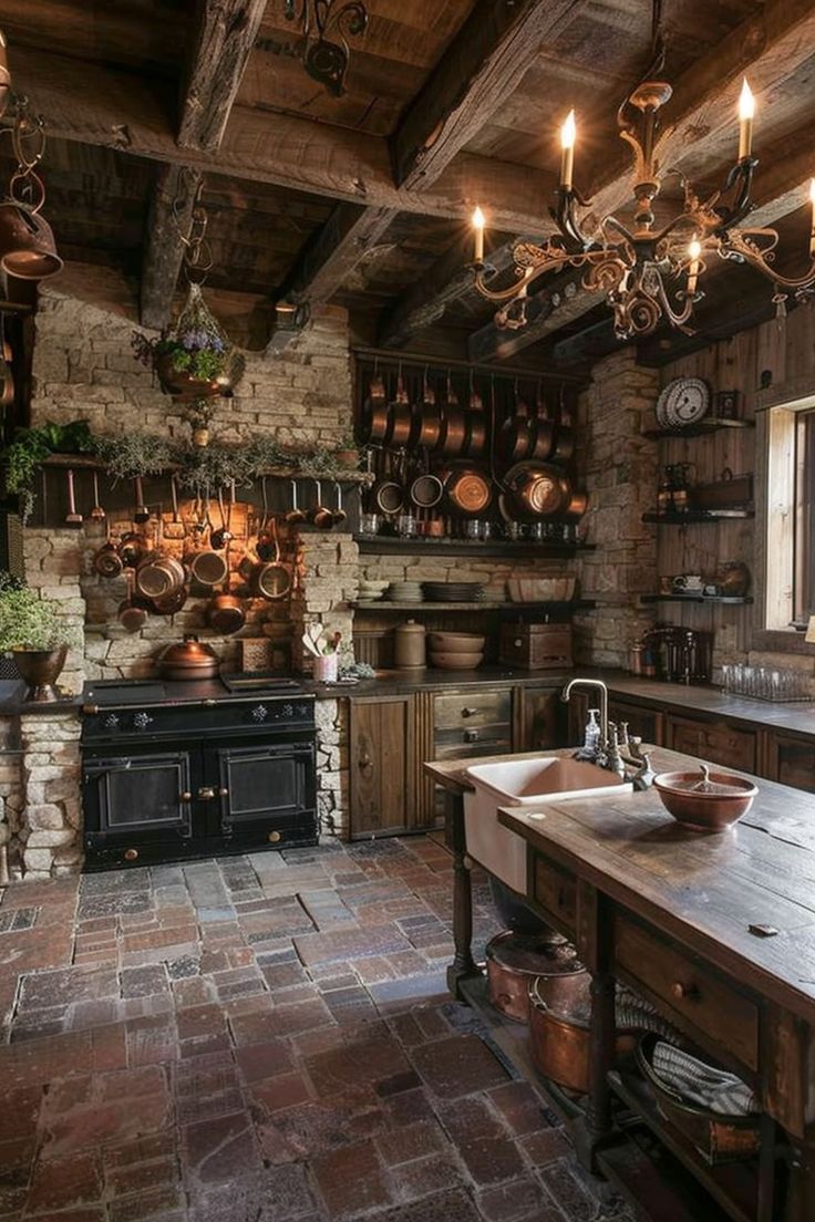 an old fashioned kitchen with lots of pots and pans hanging from the ceiling,