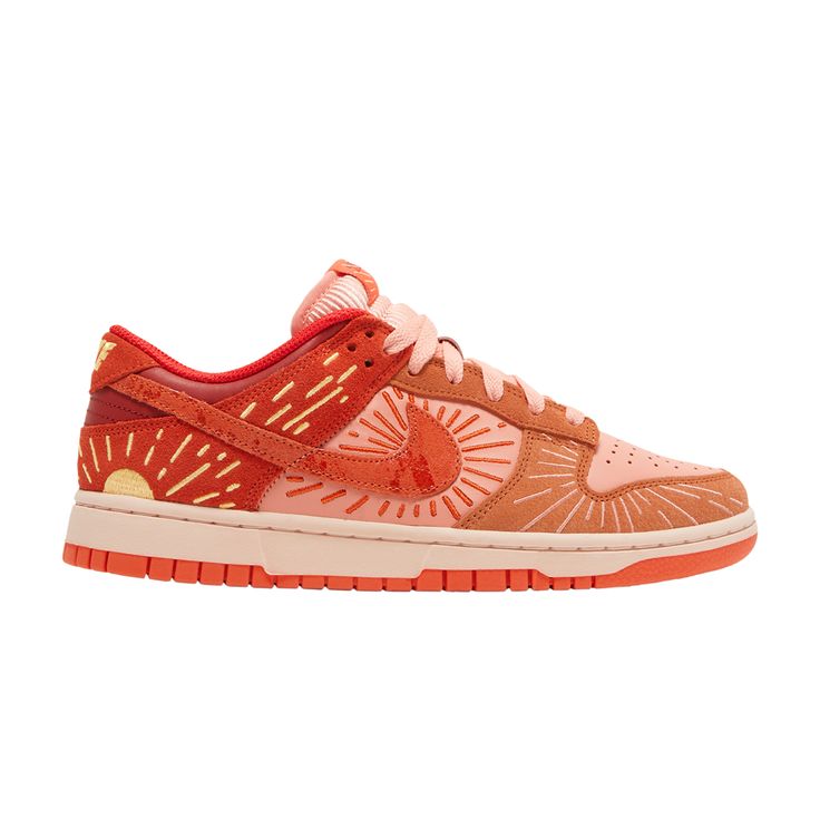 Find NIKE Wmns Dunk Low 'winter Solstice on Editorialist. The Nike women’s Dunk Low ‘Winter Solstice’ features a unique design that nods to the low-hanging sun that accompanies the winter months. Radiating lines are embroidered throughout the upper, featuring a pink leather base with suede overlays in burnt orange and crimson. The latter wraps around the heel with a yellow half-sun graphic in contrasting yellow embroidery. ’12.21.12’ is displayed on the tongue tag of the right shoe and the sockliner of the left, nodding to the official start of the winter solstice in the year 2021. The low-top rests on a pink-tinged midsole, supported underfoot by a bright red rubber outsole. Wmns Dunk Low, Mid Jordan 1, Custom Painted Shoes, Team Orange, Yucca Valley, 95 Nike, Shoe Wishlist, Jordan 8, Digital Closet