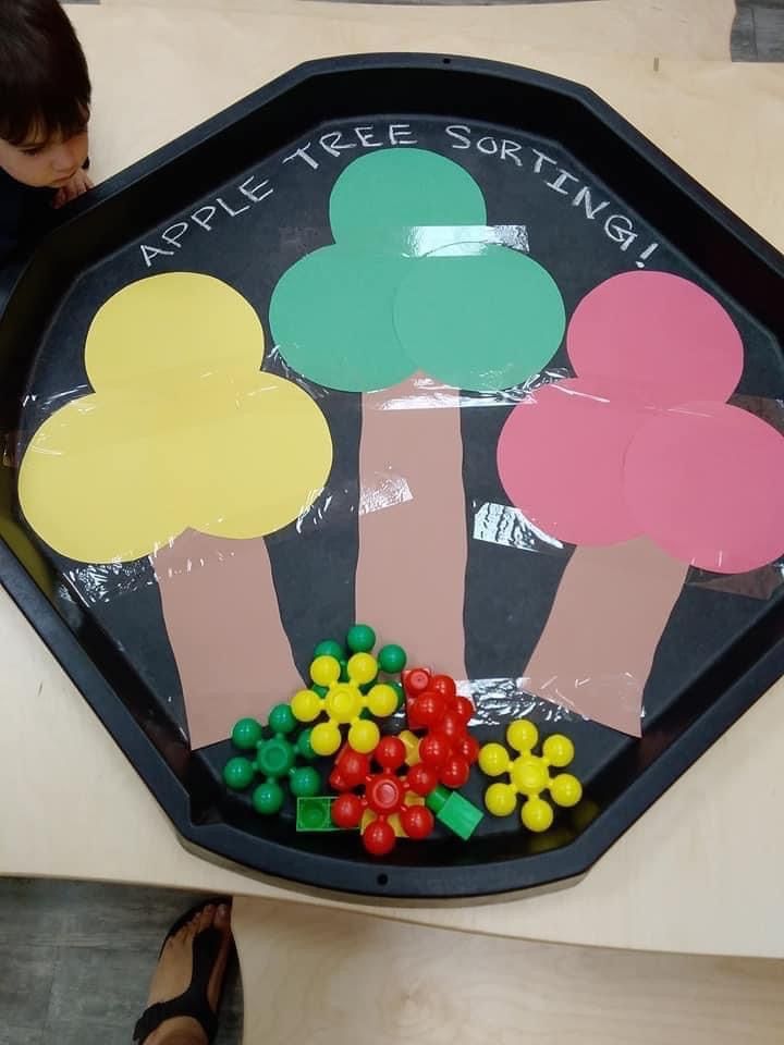 an apple tree sorting tray with candy candies in front of it and a child looking down