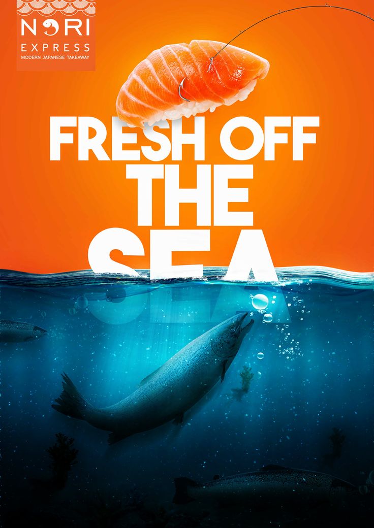 the poster for fresh off the sea shows a large fish in the ocean with an orange background