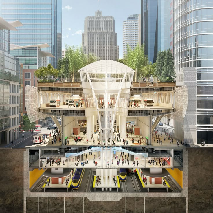 an artist's rendering of a train station in the middle of a large city