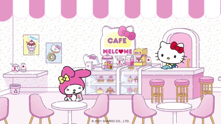 the hello kitty cafe is decorated in pink and has chairs, tables, and stools