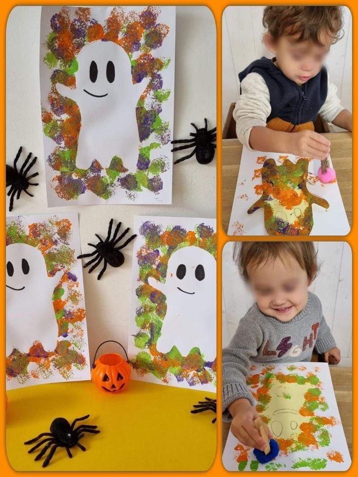 a collage of pictures showing the process of making a paper pumpkin and ghost craft