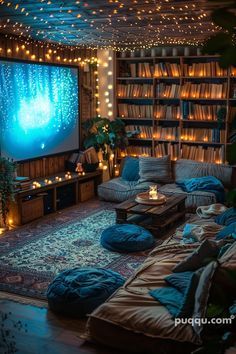 a living room filled with lots of furniture and lights