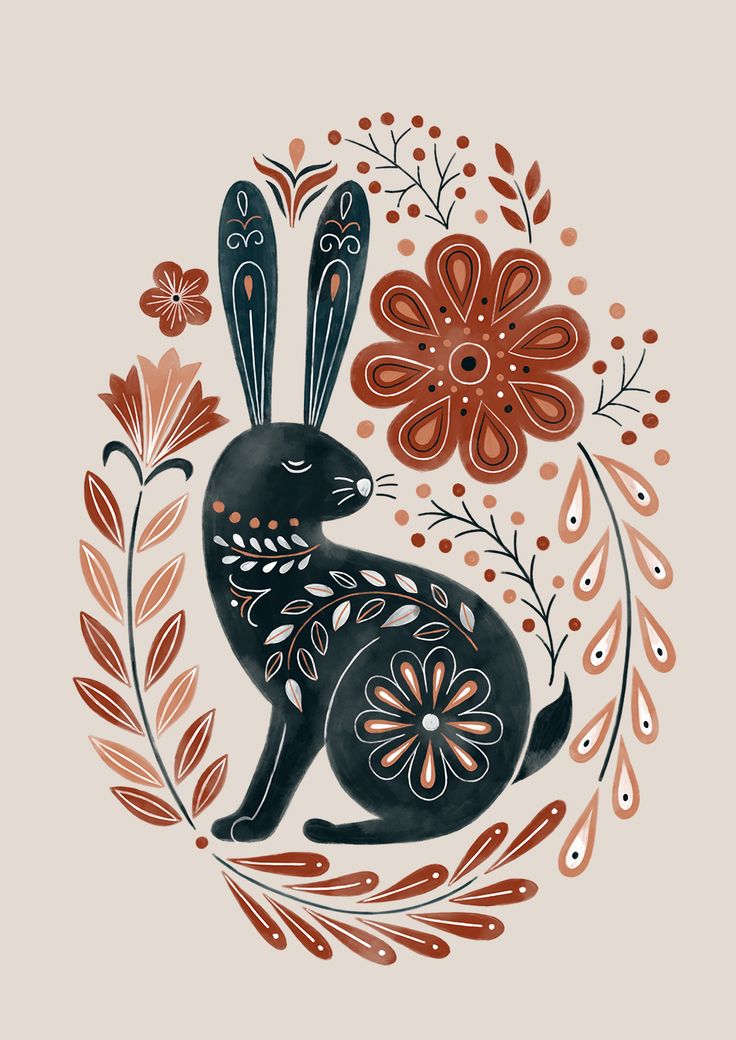 an illustration of a black rabbit surrounded by flowers and leaves on a beige background with orange accents