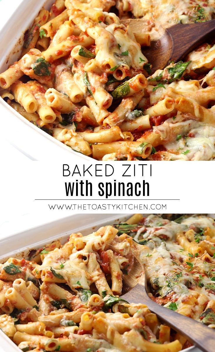 baked pasta with spinach in a casserole dish