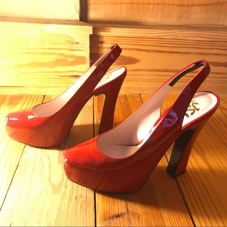 Says Size 8.5, But Fits Like An 8. Gorgeous Red Color. Not A Scratch On Them. Chunky Heels. Sling Back. Heel: 4”. Designer. Style Name: Stephanie. Red Slingback Pumps With Padded Heel For Evening, Chic Heels With Red Sole And Medium Width, Red High Heel Slingback Pumps For Evening, Red Open Toe Slingback Pumps For Evening, Chic Red Slingback Pumps With Heel Strap, Chic Red Slingback Pumps For Evening, Red Evening Slingback Pumps With Padded Heel, Formal Spring Heels With Red Sole, Formal Red Sole Heels For Spring