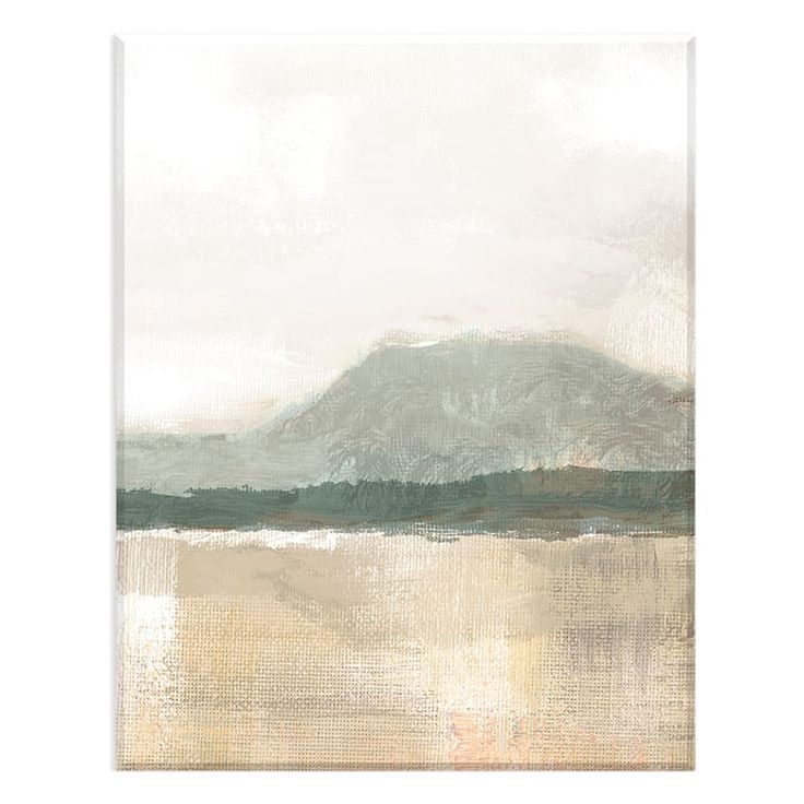 an abstract painting with mountains and water in the background, on a white canvas wall