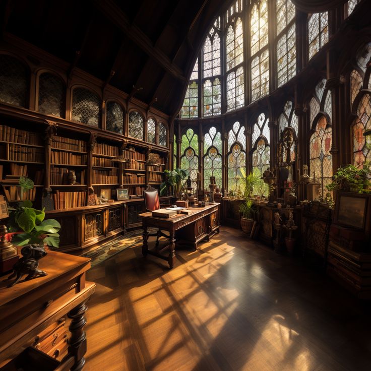 the sun shines through large stained glass windows in an old library