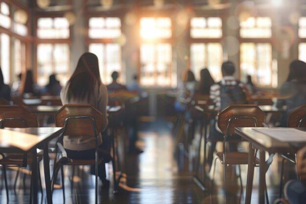 people are sitting at desks in an empty room with sunlight streaming through the windows