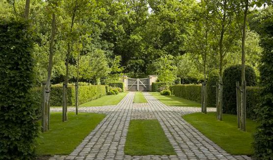 a stone pathway leads to an open gate in the middle of a lush green park