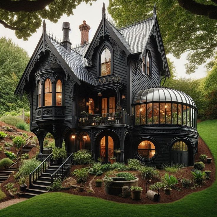 a large black house with lots of windows on the front and side of it's roof