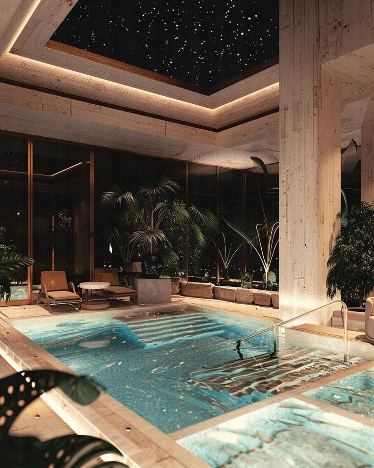 an indoor swimming pool with lounge chairs and plants in the background, at night time