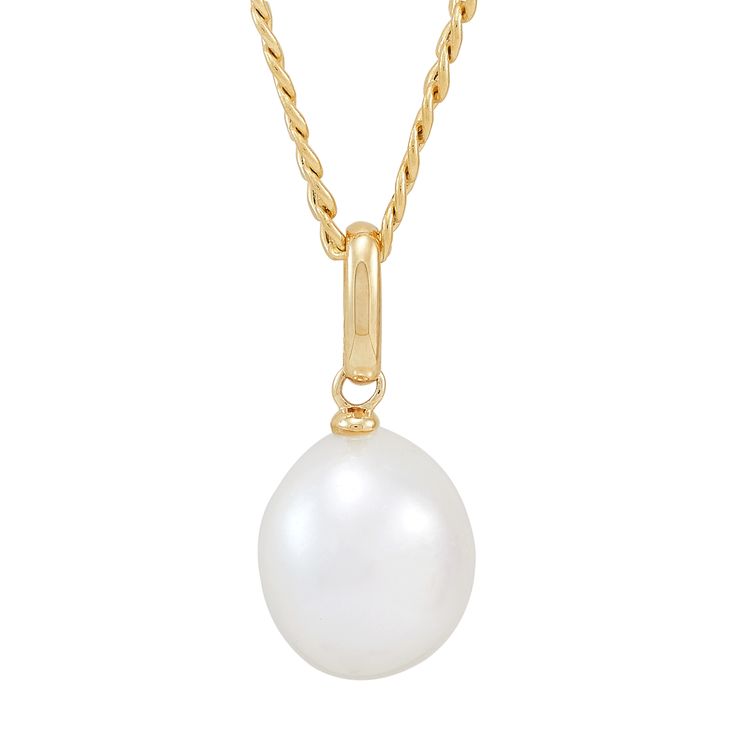 This pretty cultured freshwater pearl drop pendant is a perfect classic accessory to add to your fine jewelry collection. One off-round pearl shimmers on a glistening 10K yellow gold hollow curb chain for a polished, timeless look. | Cultured Freshwater Pearl Drop Pendant Necklace | 10K Yellow Gold | Size 18" | Helzberg Diamonds Classic Pearl White Teardrop Pendant Necklace, Classic Oval Pearl Charm Jewelry, Classic Teardrop Pendant Pearl Necklace, Classic Pearl Necklace With Teardrop Pendant, Classic Pearl Teardrop Pendant Jewelry, Classic Pear-shaped Pearl Chain Jewelry, Classic Pearl Necklace With Round Pendant And Pearl Charm, Classic Pearl Drop Necklace With Round Pendant, Classic Pearl Necklace With Teardrop Pendant And Pearl Charm